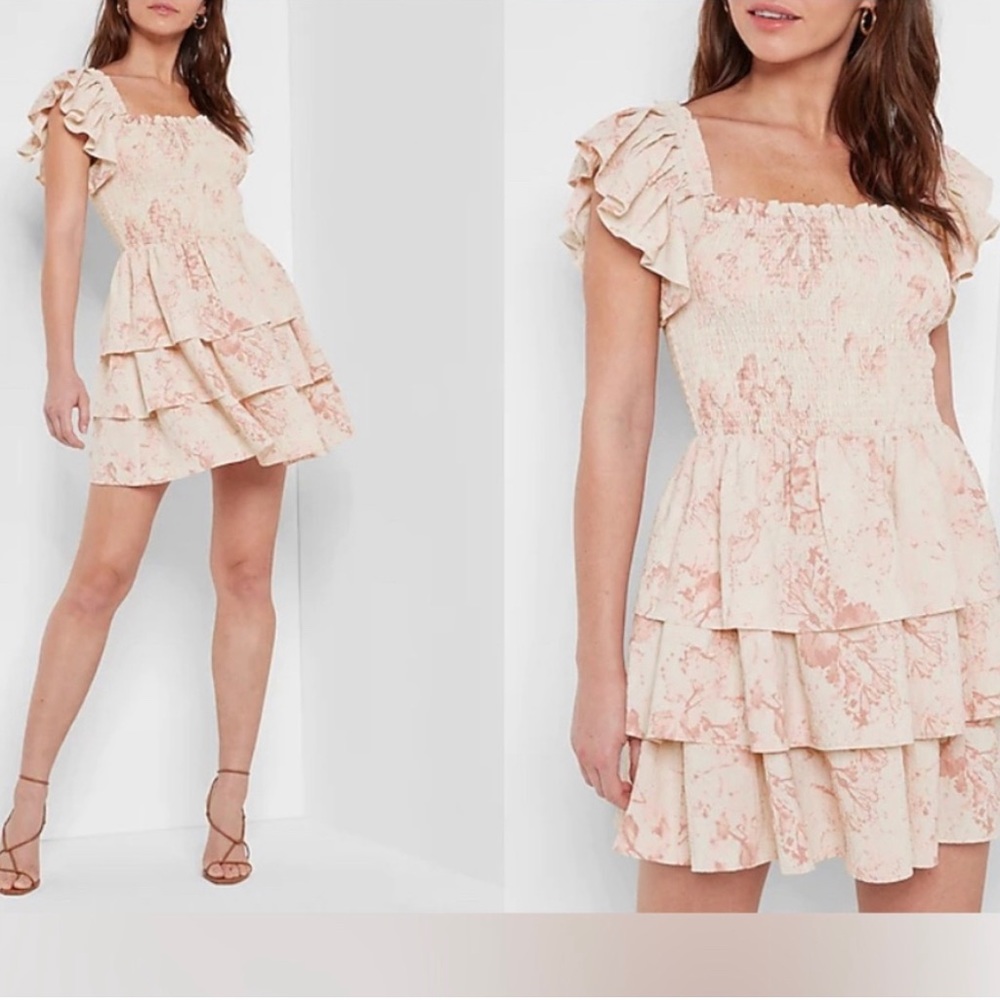 Watercolor Print Smocked Tiered Dress